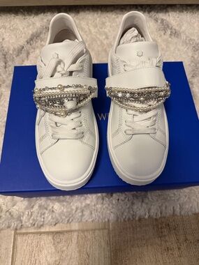 Stuart Weitzman White Leather Sneakers with Pearl & Crystal Strap